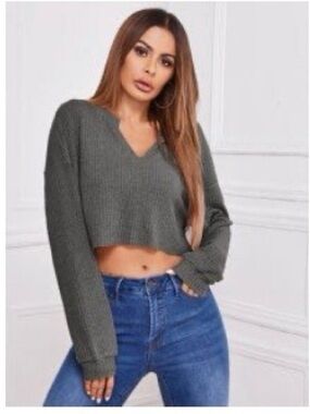 Cropped V-Neck Knit Sweater in Charcoal Gray